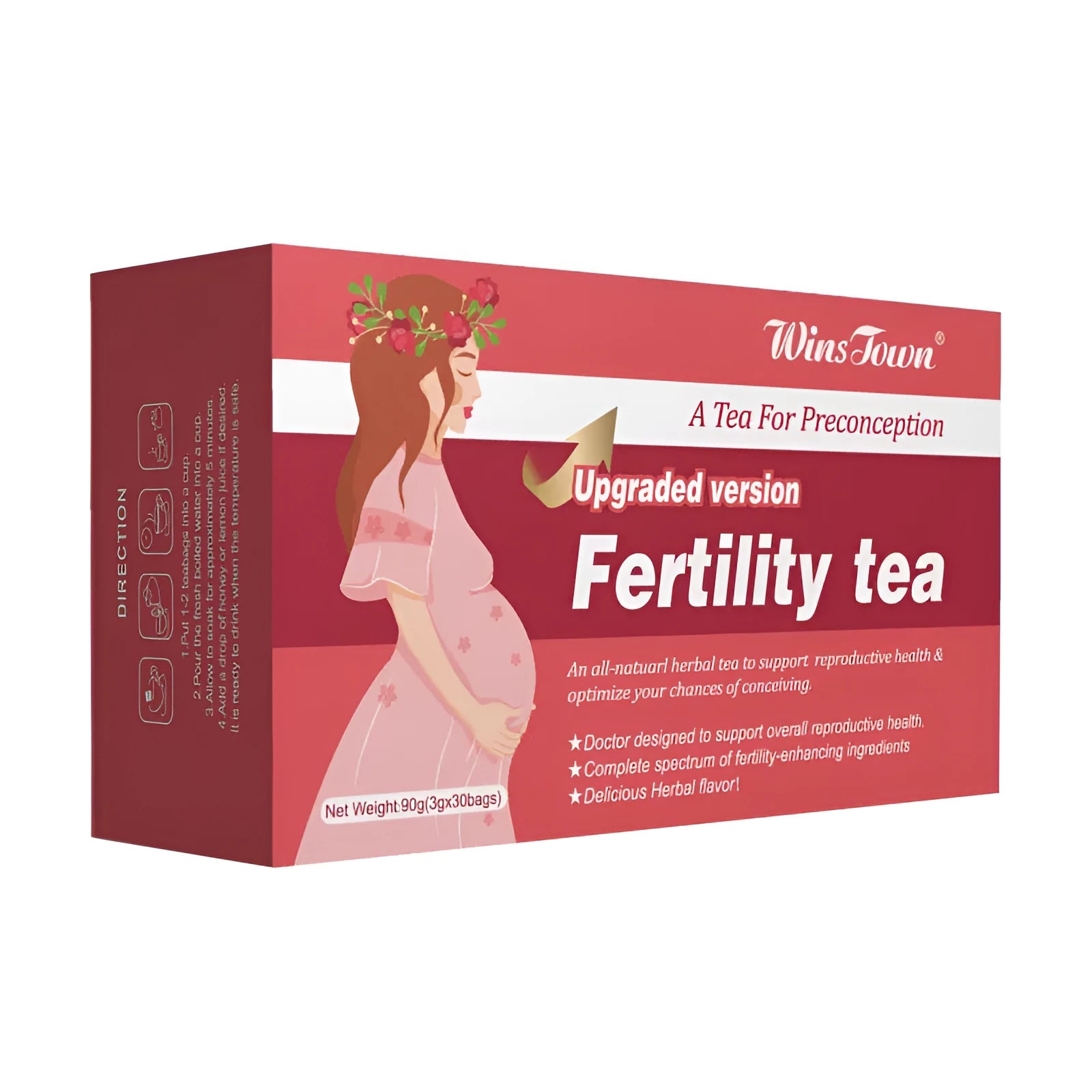 A box of fertility herbal tea containing 90 individual teabags for daily reproductive health support.