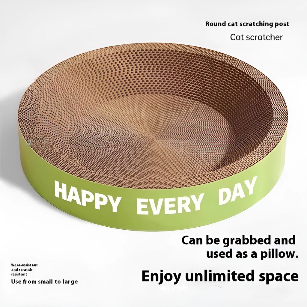 Round green cat scratching board nest bed with removable cushion and replaceable cardboard base