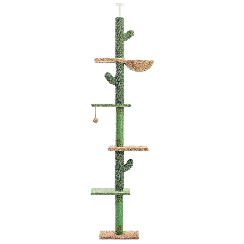 Tall cactus design cat tree with integrated scratch board and toy on solid wood climbing frame
