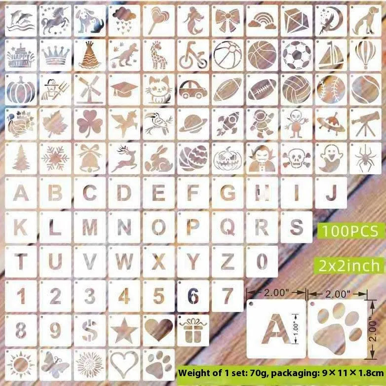 700 PET film hollow spray painting templates in seven 2-inch designs including floral, animal, ocean, and letter patterns