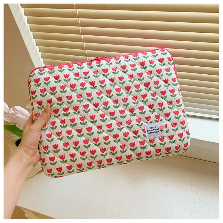 Little flower printed laptop bag in breathable cloth with anti-seismic protection shown in green floral pattern