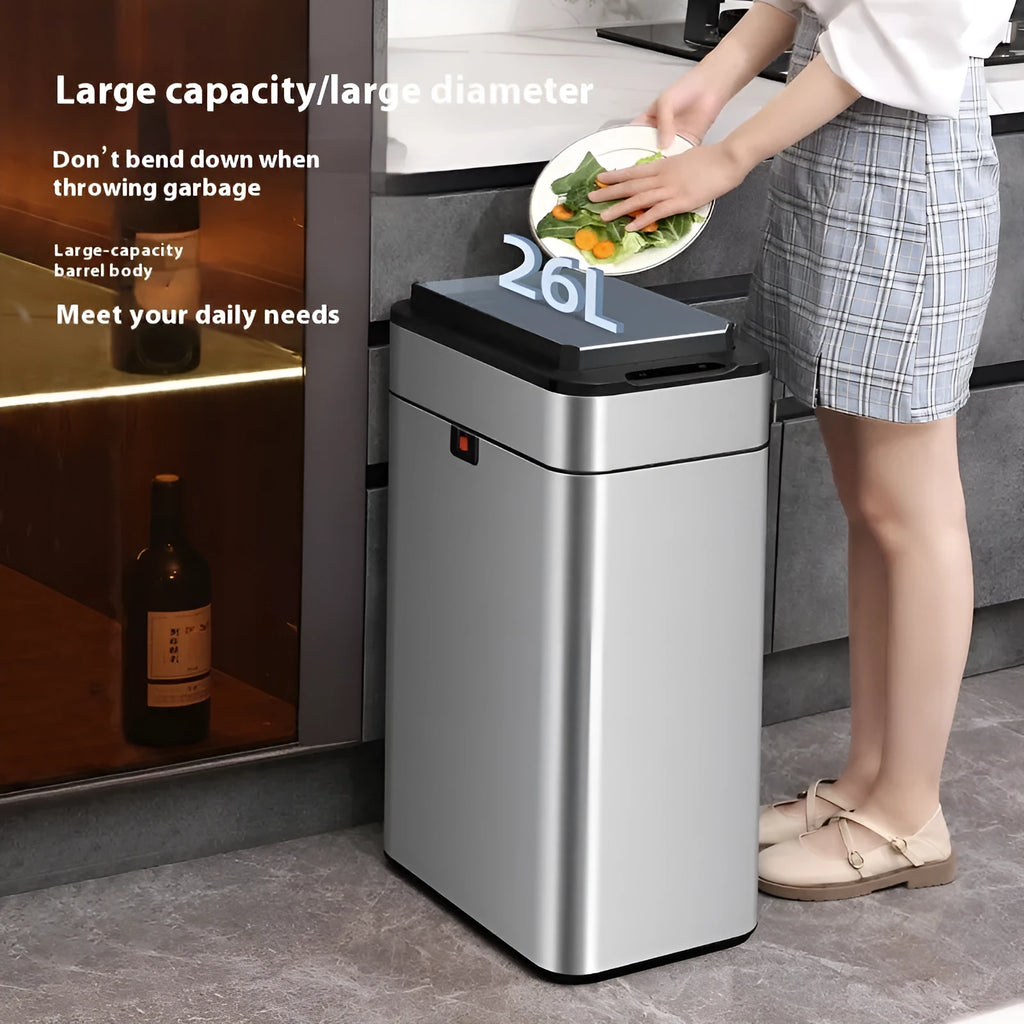 Square stainless steel inductive smart trash can with automatic lid and deodorant system