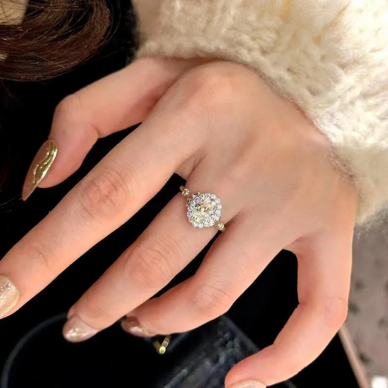 Silver geometric women's ring with ellipse design and adjustable opening