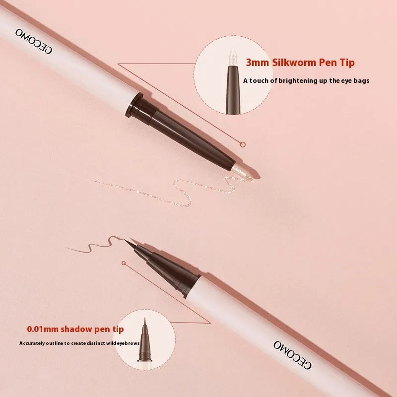 Double headed liquid eyeliner pen with stereoscopic design in pearlescent Floating Platinum and Raw Nude Apricot colours