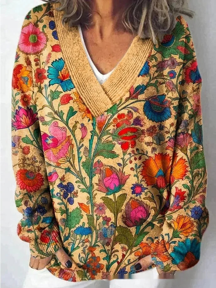 Women's V-neck long sleeve sweatshirt with a raised 3D floral pattern print in art retro style.