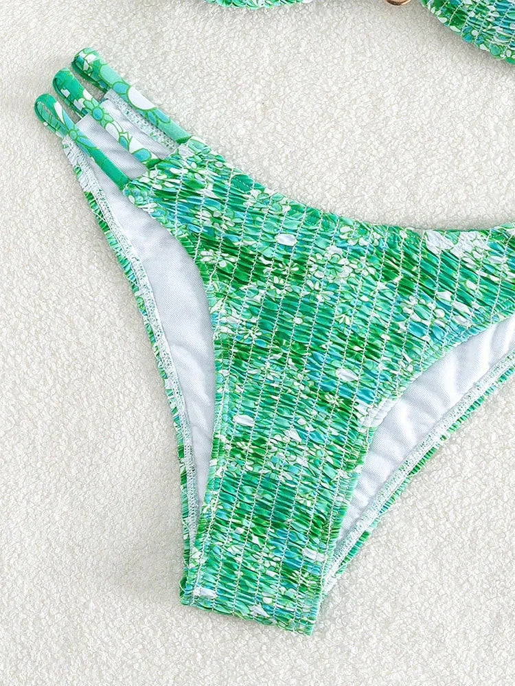 Women's floral bikini swimsuit with high-waisted briefs in blue, orange, pink, or rose red colours