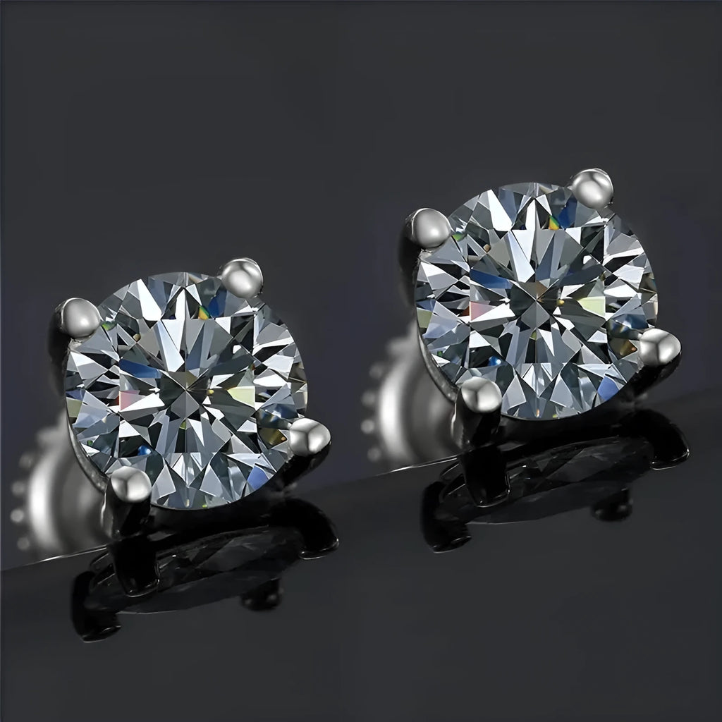 Silver plated screw back moissanite stud earrings with four claw setting in geometric shape