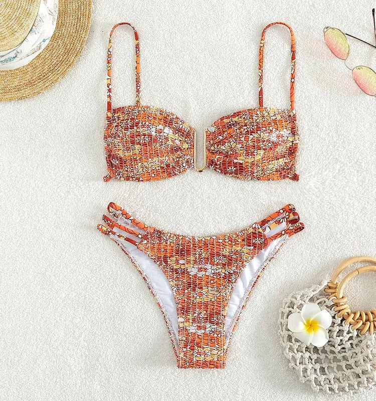 Women's floral bikini swimsuit with high-waisted briefs in blue, orange, pink, or rose red colours