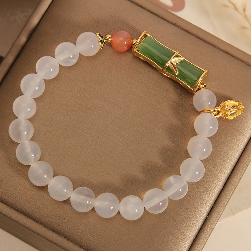 Women's jade bracelet with white agate stones in bamboo bead design
