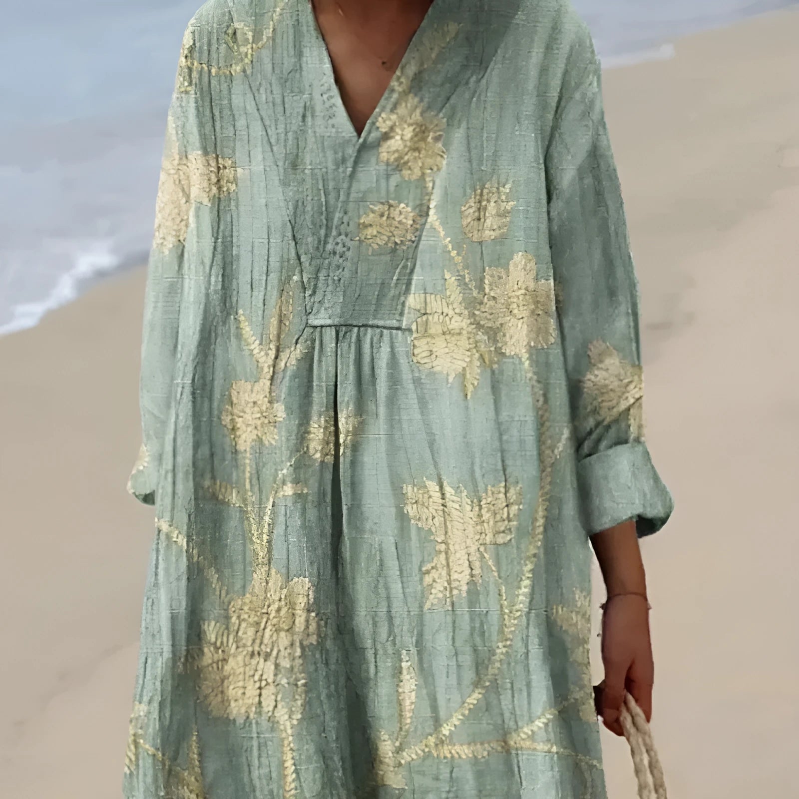 A casual long sleeve shirt dress with a 3D floral print, showcasing its Princess cut and wide waist design.