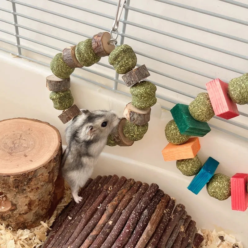 Applewood straw ball chew ring toy for small pets with decorative paillette details