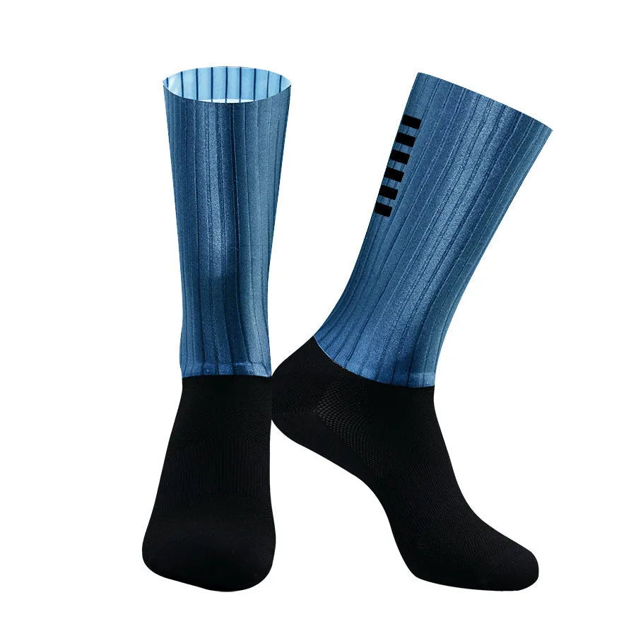 Cycling socks in orange, black, purple, white, grey, or dark blue with moisture-wicking fabric