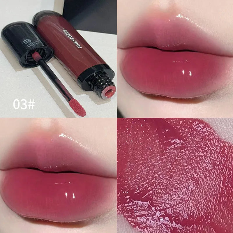 Black glossy mirror lip lacquer in one of six matte colour options: tomato, orange brown, brown, rose, red, or sweet potato.
