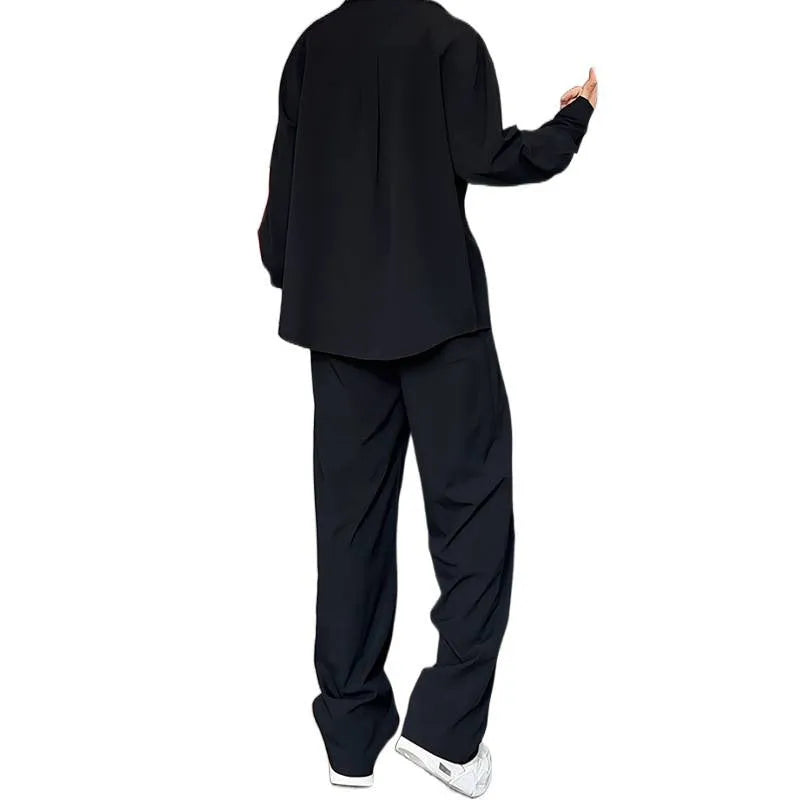 Men's black casual long sleeve polo shirt and trousers two-piece suit set in slim fit sports style