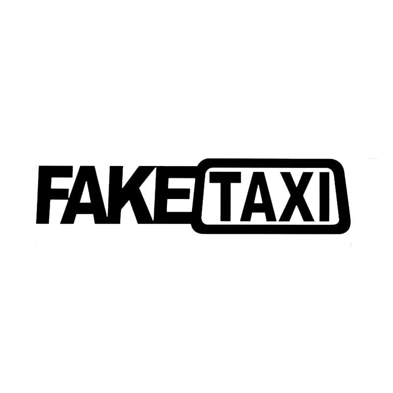FAKE TAXI waterproof car warning sticker in black, measuring 20cm by 8cm.