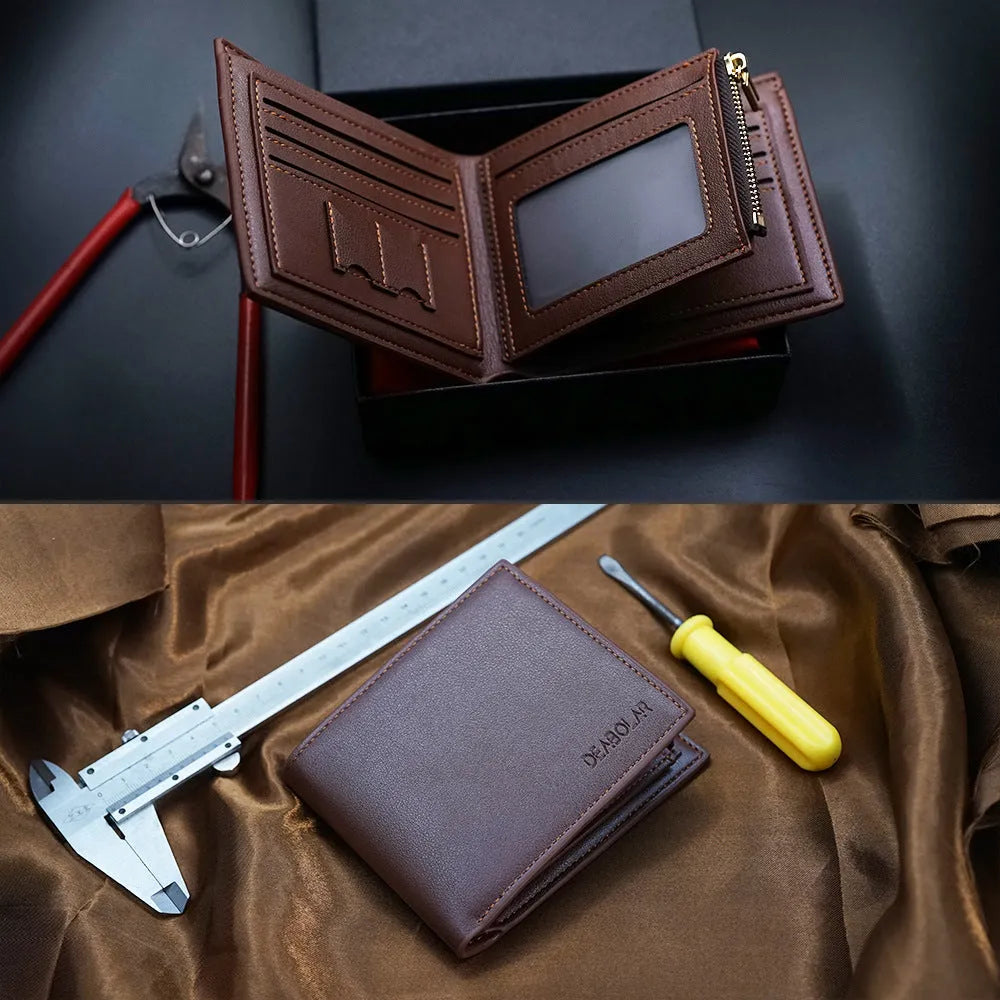 Men's brown leather wallet with a zipper closure, shown individually packaged.