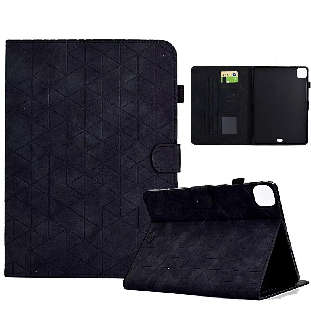 Leather tablet case for iPad Pro 11 with card slot and folded-out kickstand, shown in diamond black finish.
