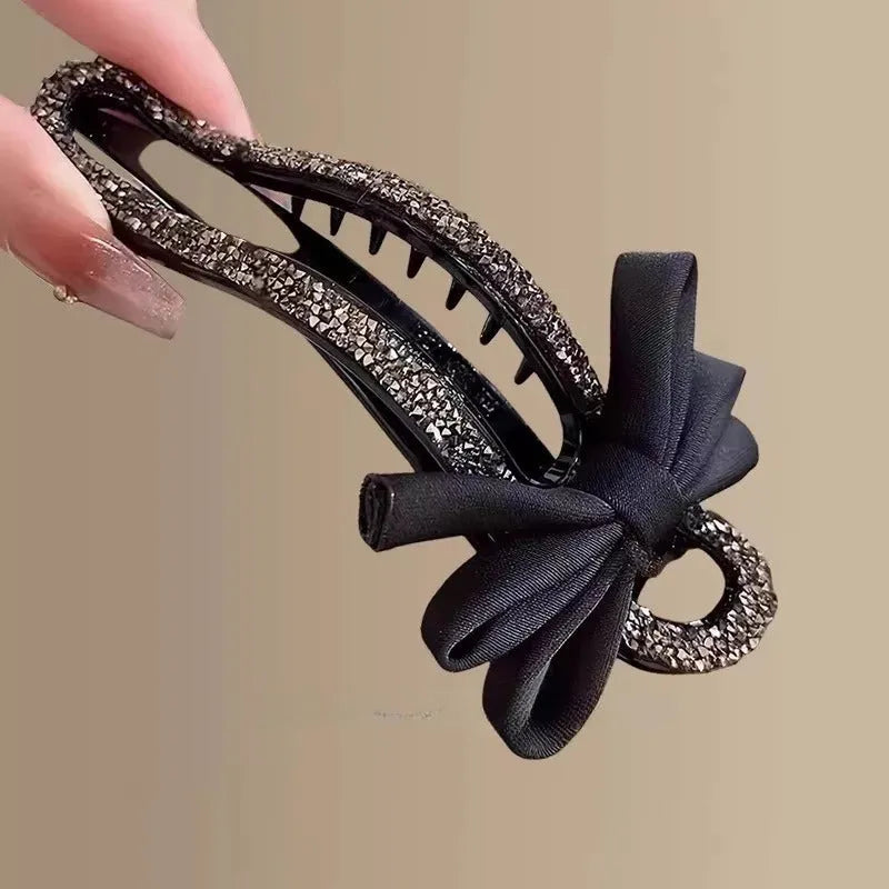 Black acrylic hair claw clip with crystal bow bobby pin back design 11.5cm total length for women