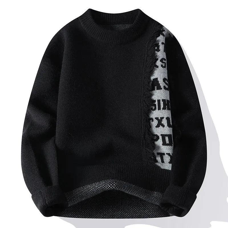 Men's loose grey knitted pullover with ribbed hemline, rabbit fur blend