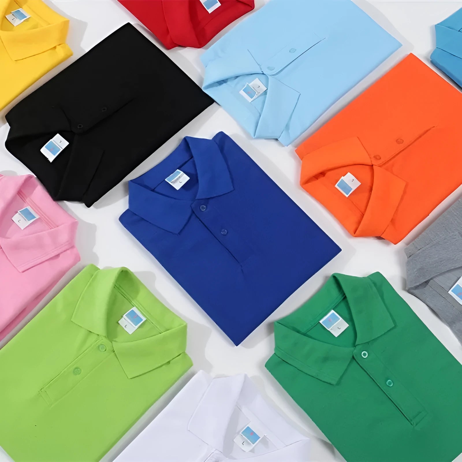 Short sleeved cotton work shirt pullover for embroidery, shown in multiple colours on a size chart.