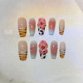 Hand-carved zebra pattern and lily floral nail art set with embossed leopard print.