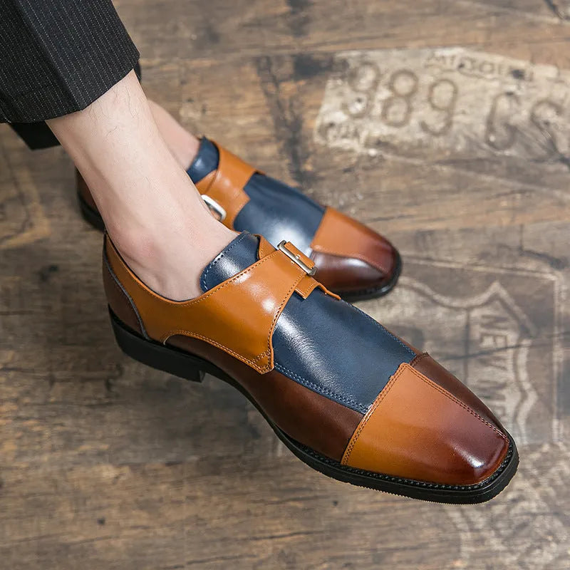 Men's brown-blue British retro-style casual shoes with buckle fastening and tall crown upper