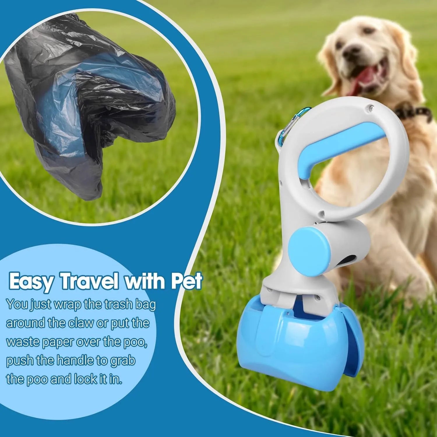 ABS plastic pet pooper scooper with integrated trash bag holder and hanging hook