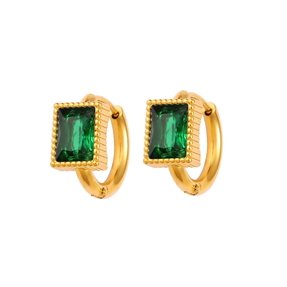 Square geometric design stainless steel earrings with zircon accents in white, black, and green colours.