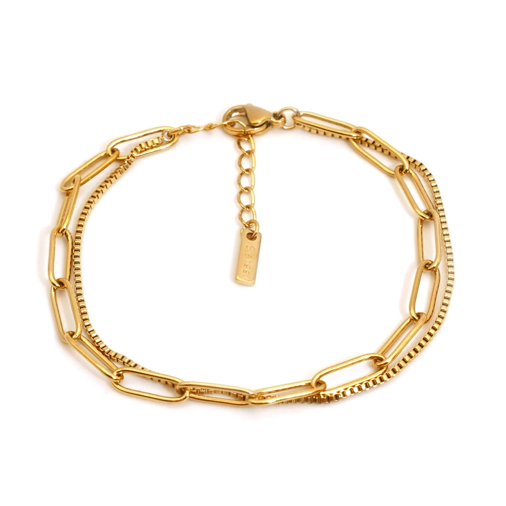 Double layer titanium steel bracelet with geometric design in gold or silver finish