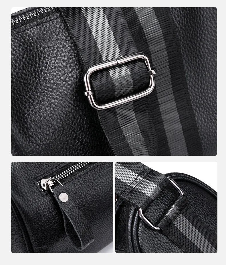 Black genuine leather crossbody bag with adjustable strap and large 24x16x13cm capacity.