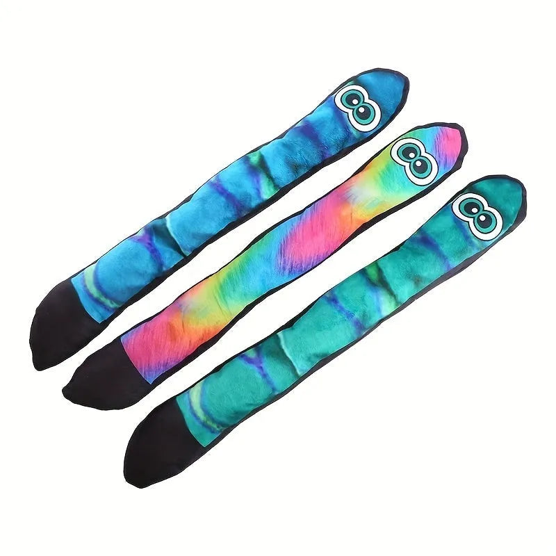 Snake-shaped plush dog squeak toy with rainbow stripe print for chewing and interactive play