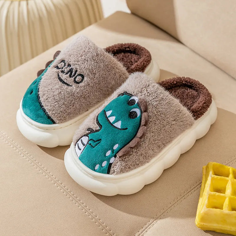 Cotton plush couple slippers with dinosaur designs in coffee, grey and orange yellow colours