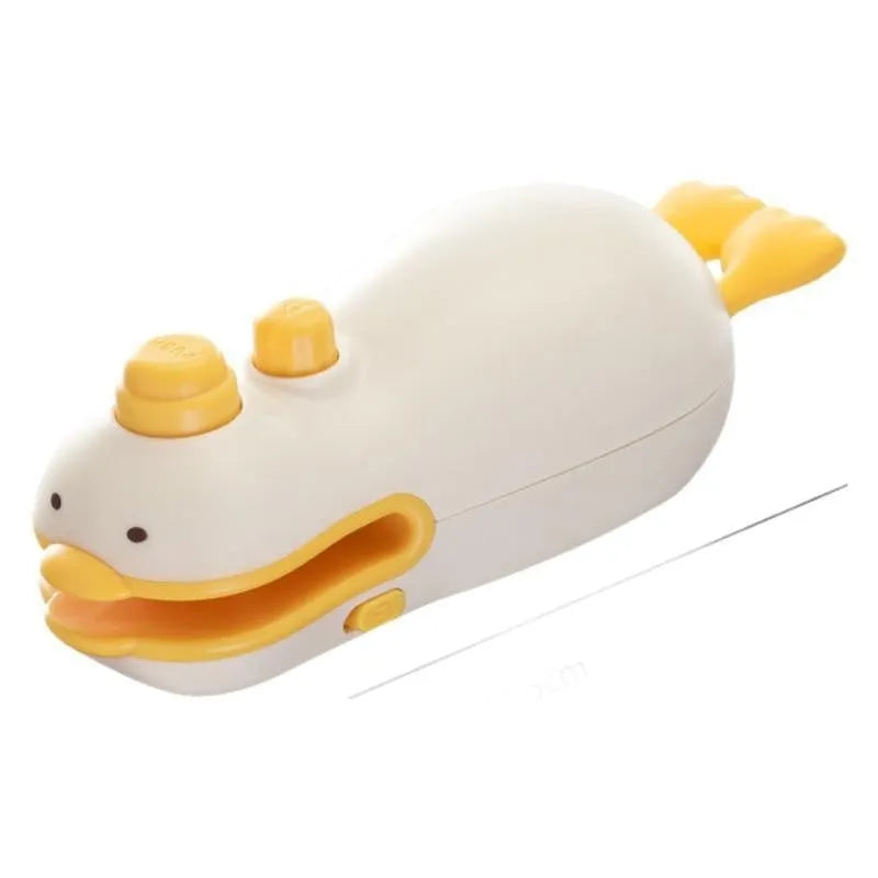 Small yellow duck animal jacquard design rechargeable handheld sealing machine with USB charging cable.