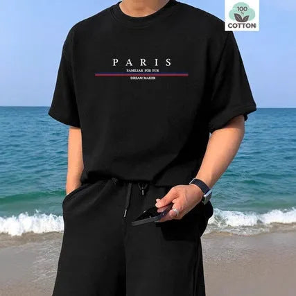 Men's heavy pure cotton short-sleeved T-shirt with a printed design in a loose casual fit