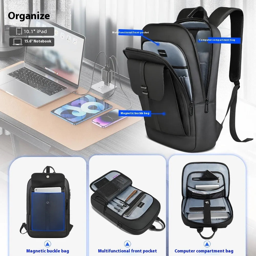 Black Oxford cloth backpack with visible sewing lines for business commuting