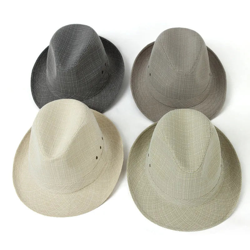 A men's fedora hat for mature gentlemen in thickened suit material or linen, shown in classic colours.