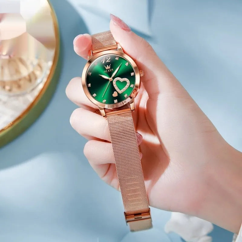 Women's fashion watch with mesh strap and rose shell case in six dial colour options