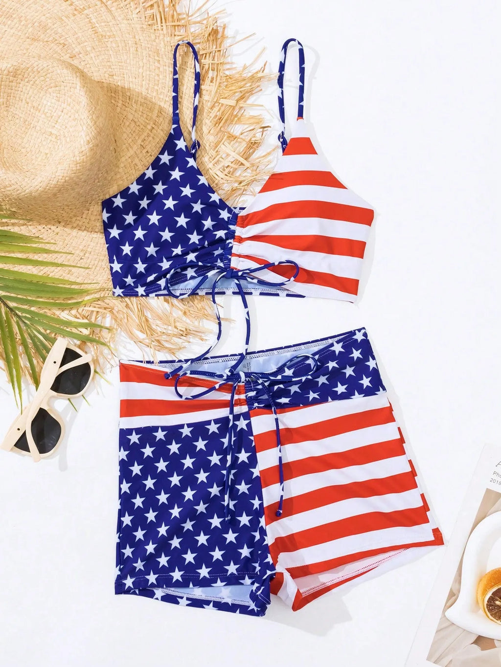 Women's high-waist boxer swimsuit with drawstring waist and stars and stripes pattern