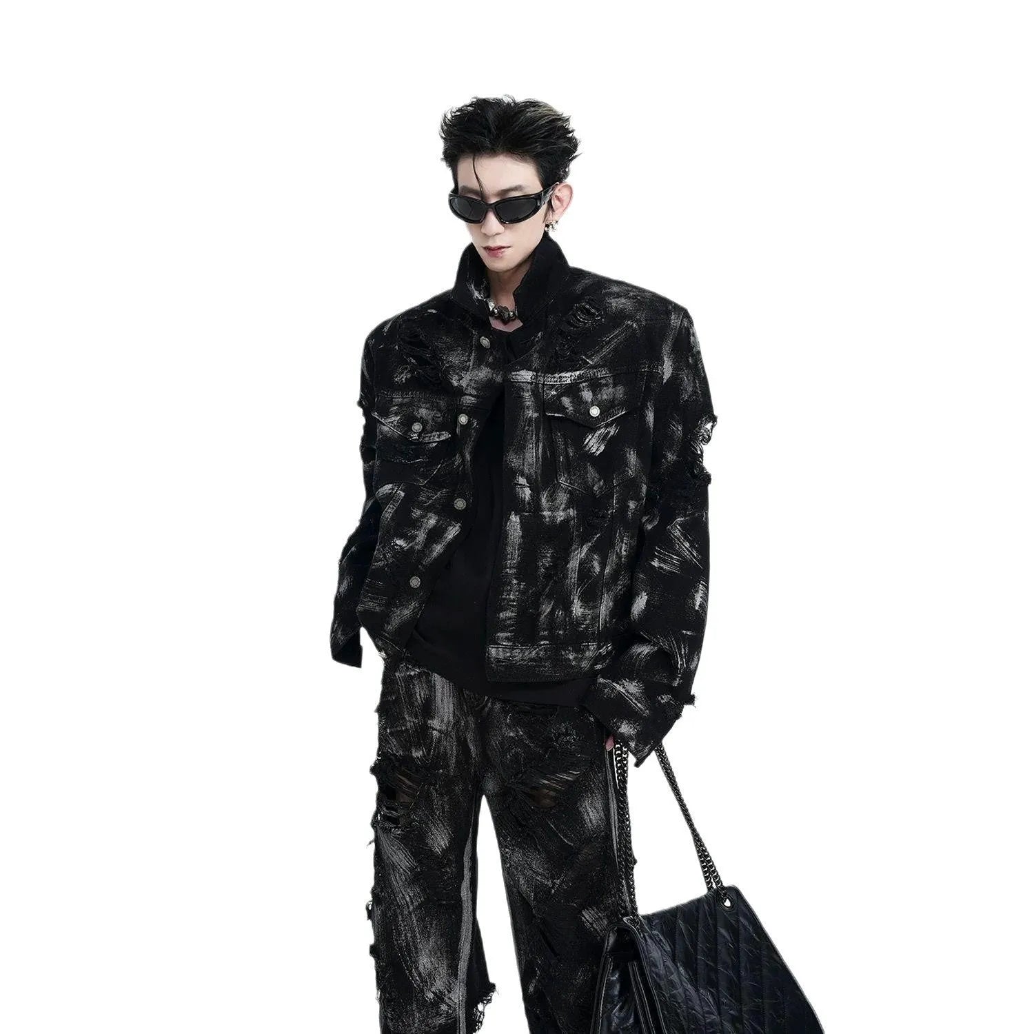 Men's black denim long pants jacket with graffiti details and mid waist design, American high street wasteland style