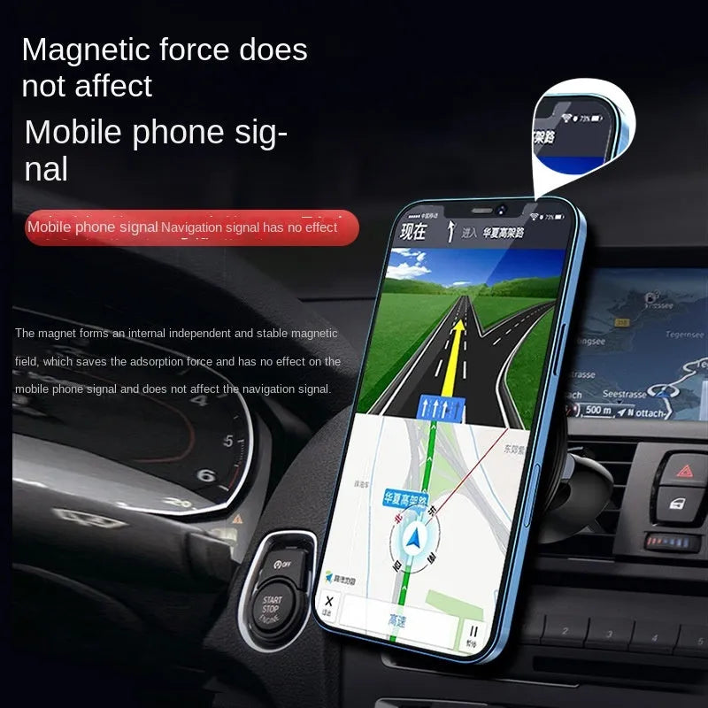 Black aluminium alloy magnetic suction car phone holder mounted on a car air vent