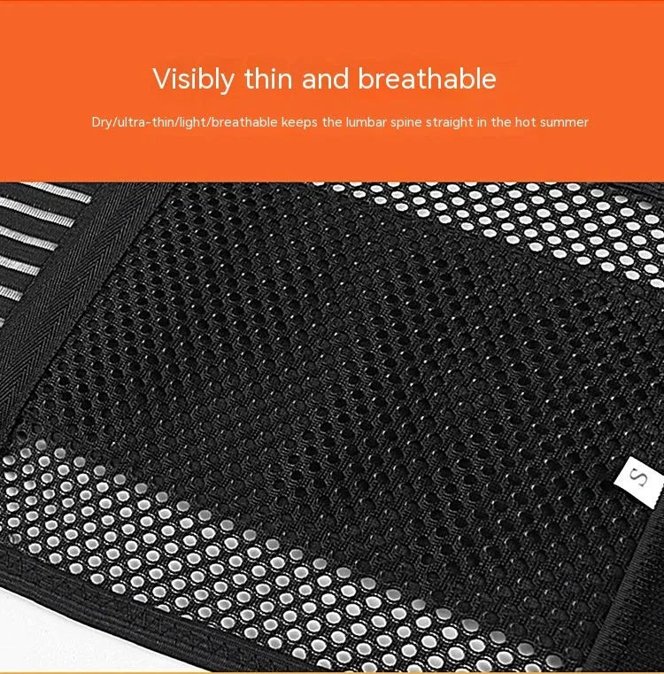 Black sports waist support with steel plate lumbar reinforcement shown with size options for adult athletes