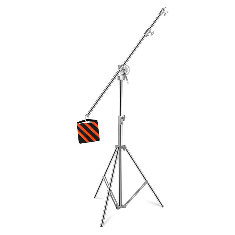 Silver stainless steel ceiling lamp rack extended to show cross arm and lamp holder with diameter measurements