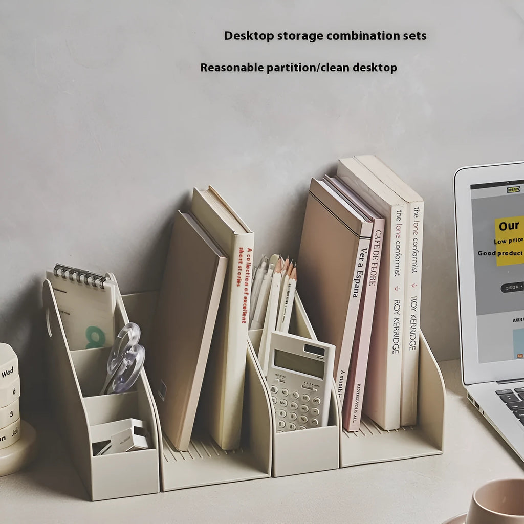 Plastic desktop storage box with two-layer grid compartments in milk coffee colour