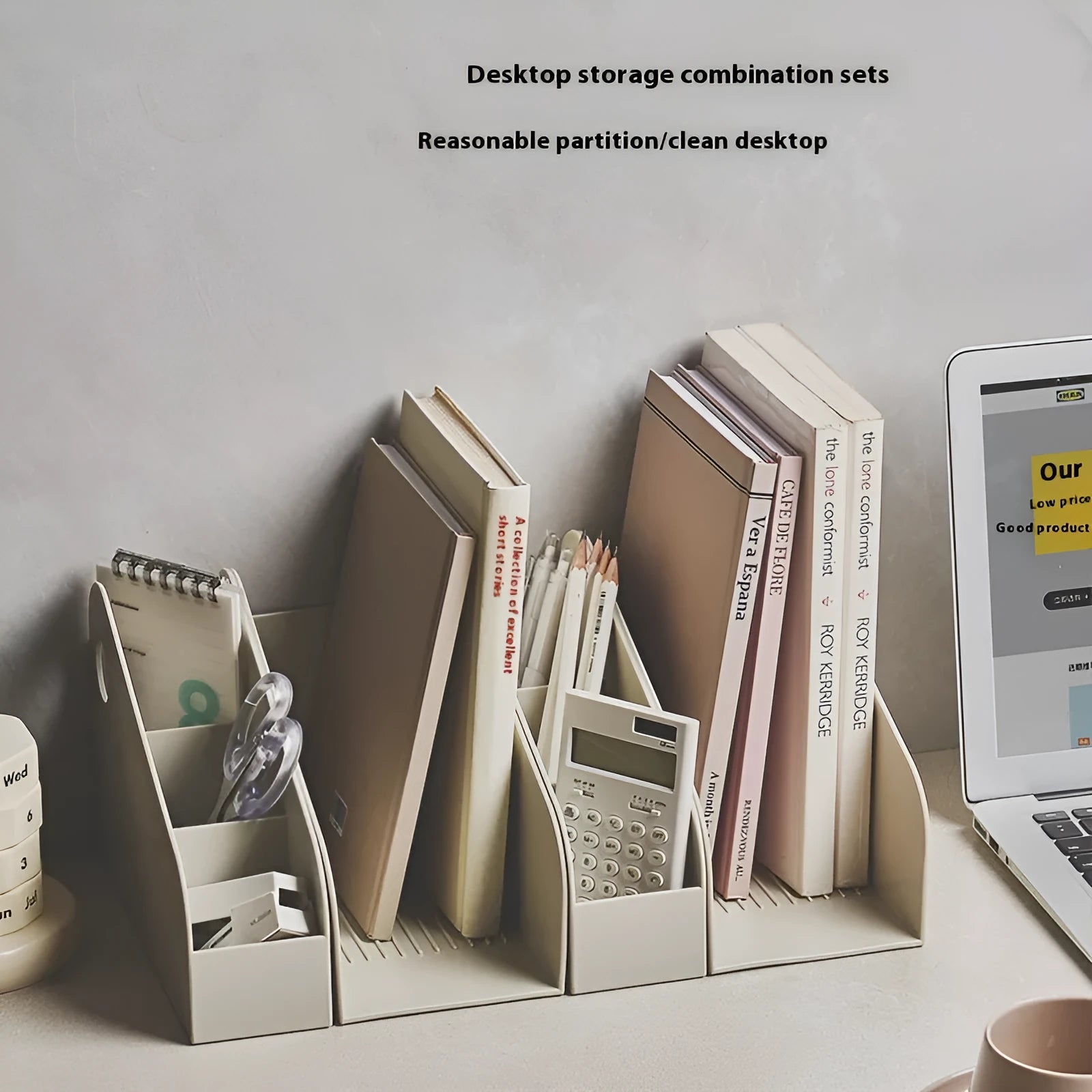 Plastic desktop storage box with two-layer grid compartments in milk coffee colour