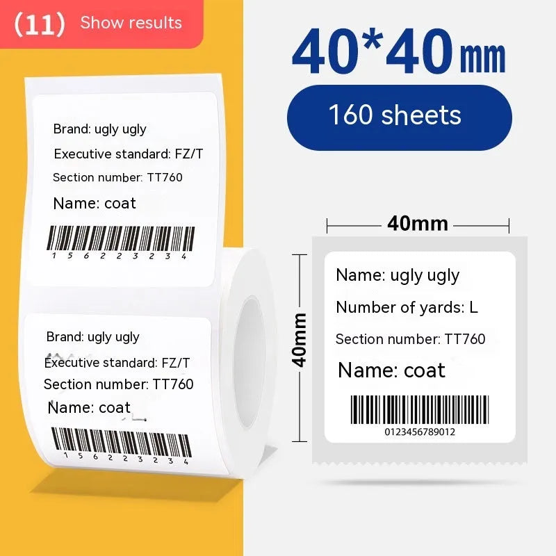 Roll of white 40x40mm thermal synthetic paper adhesive labels for retail pricing and tagging.