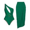 Women's one-piece swimsuit with gauze skirt in polyester fabric showing shoulder strap style options