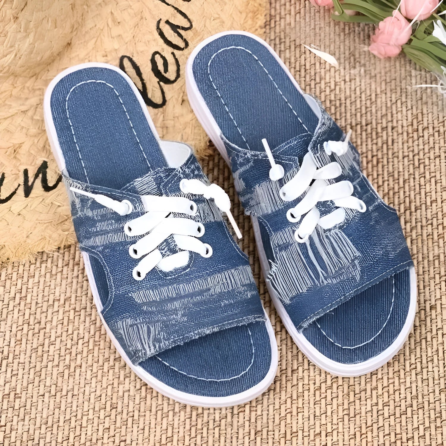 Blue Roman-style canvas slippers with cloth upper and rubber sole, sizes 36-43