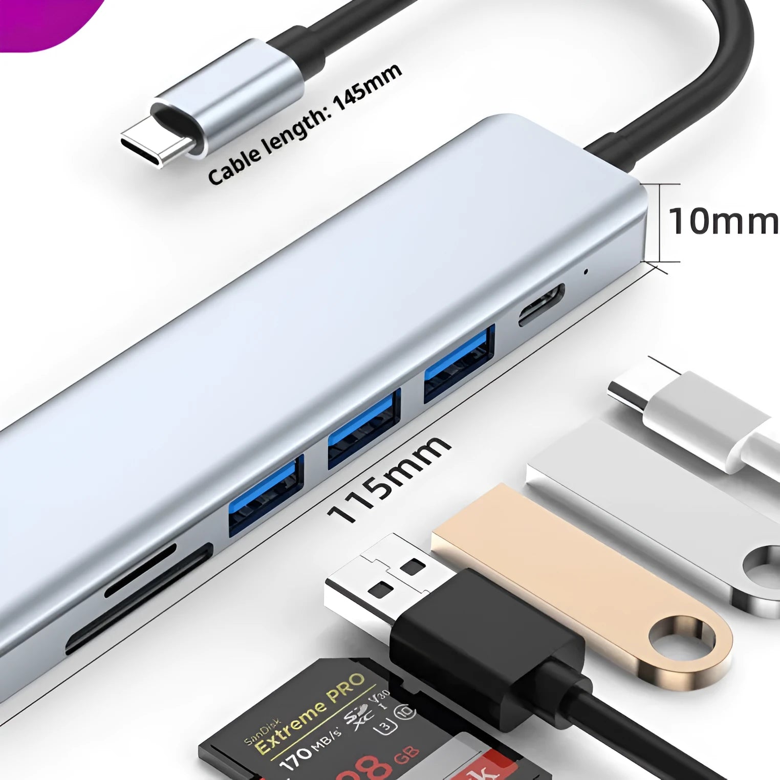 Seven-port USB-C expander with 0.145 metre cable for computer and docking station connectivity