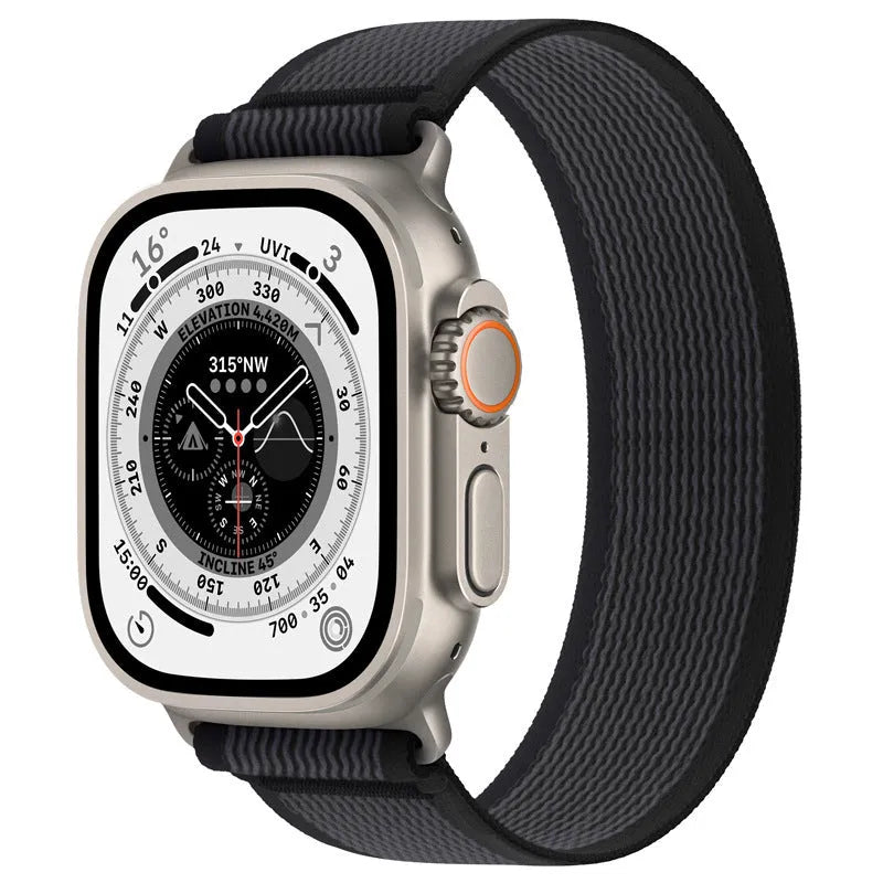 Wild Diameter single ring integrated nylon watch strap for Apple Watch in multiple colour options on a grey background.