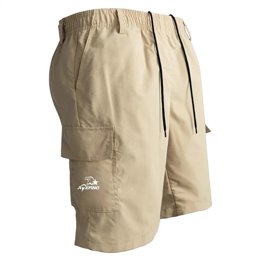 Straight leg sports shorts in loose American casual style available in black, blue, green, or khaki
